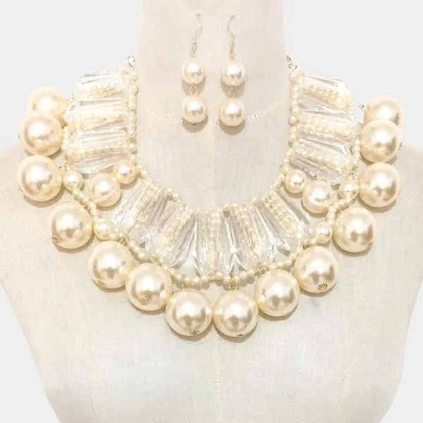 Lucite Bead Cream Faux Pearl Statement Necklace