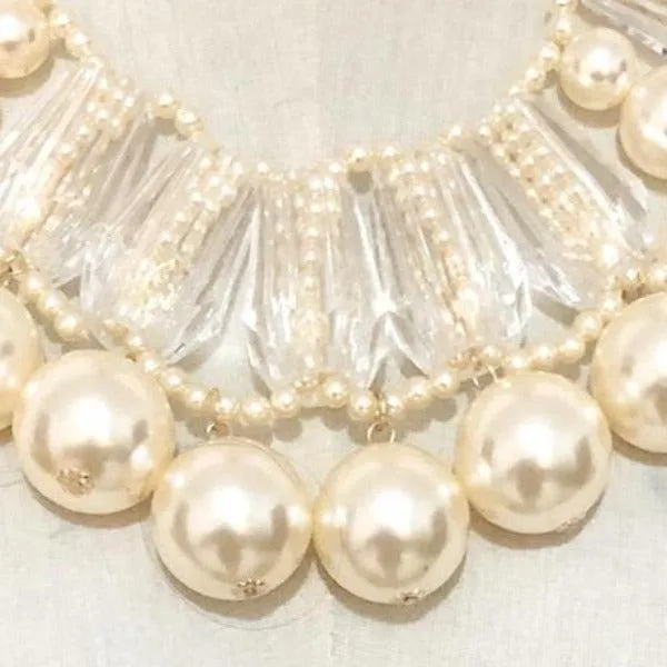 Lucite Bead Cream Faux Pearl Statement Necklace