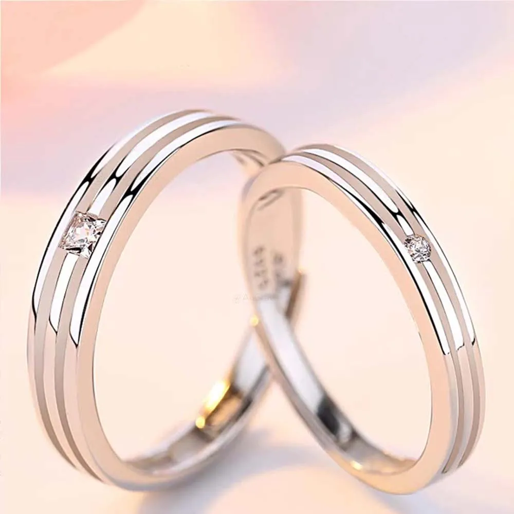 Lustrous Stone Adjustable 925 Sterling Silver Couple Rings