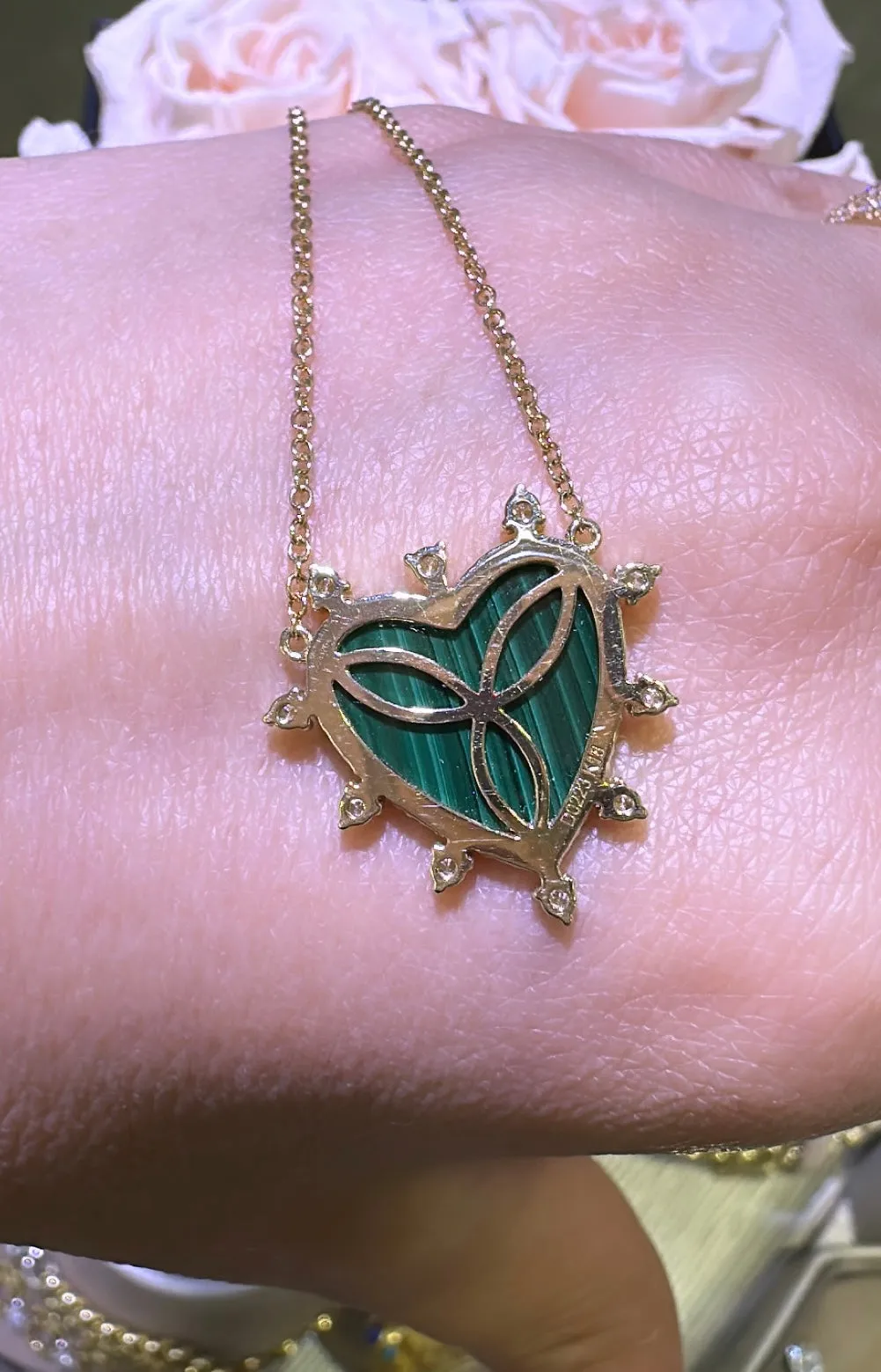 Malachite and Diamond Spiked Heart Pendant Necklace