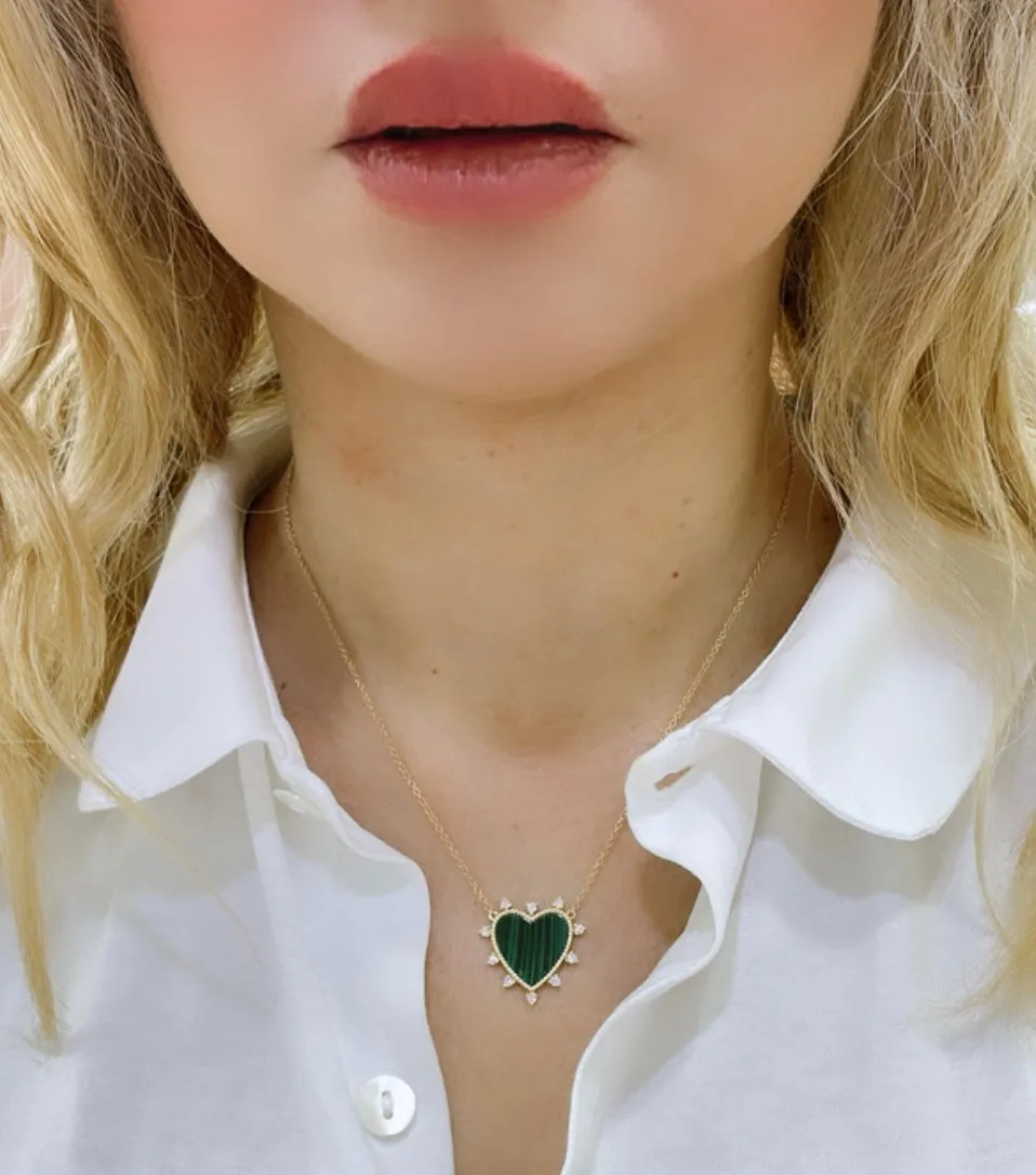 Malachite and Diamond Spiked Heart Pendant Necklace