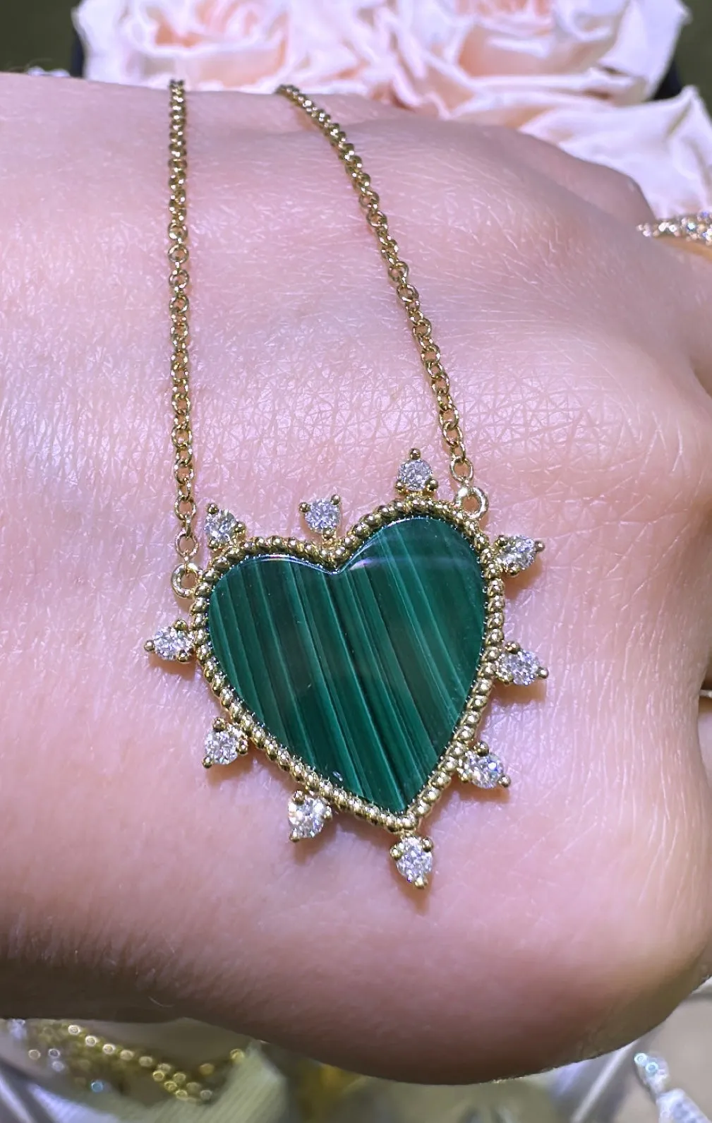 Malachite and Diamond Spiked Heart Pendant Necklace