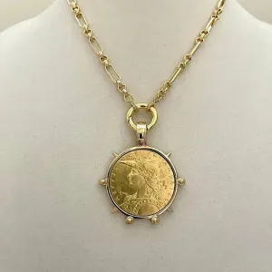 Medallion Coin Necklace-Gold Specialty Chain-French Coin Pendant