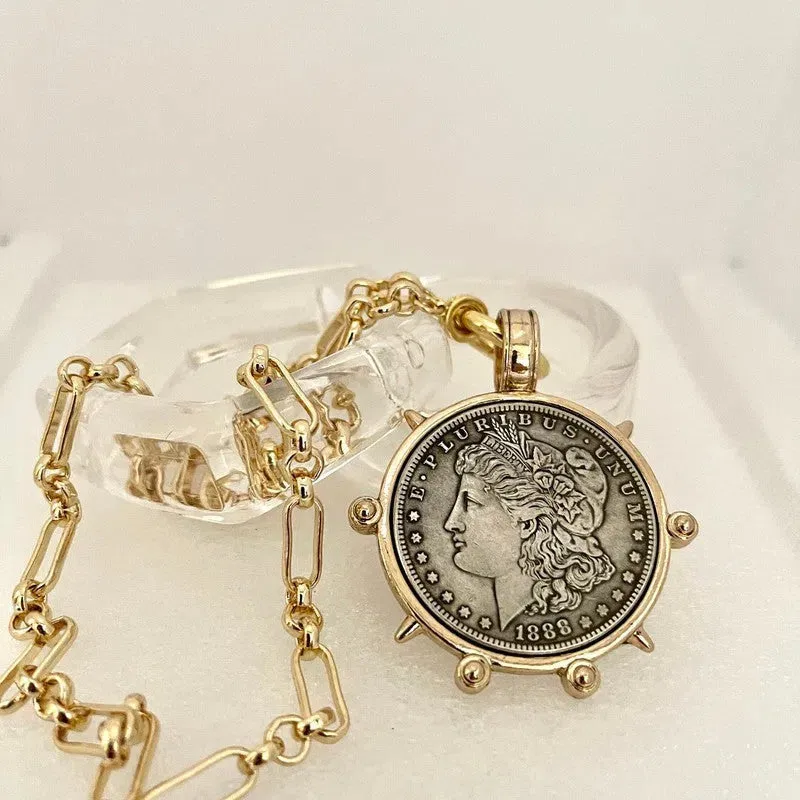 Medallion Coin Necklace-Gold Specialty Chain-French Coin Pendant