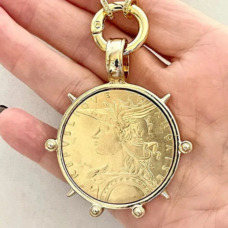 Medallion Coin Necklace-Gold Specialty Chain-French Coin Pendant