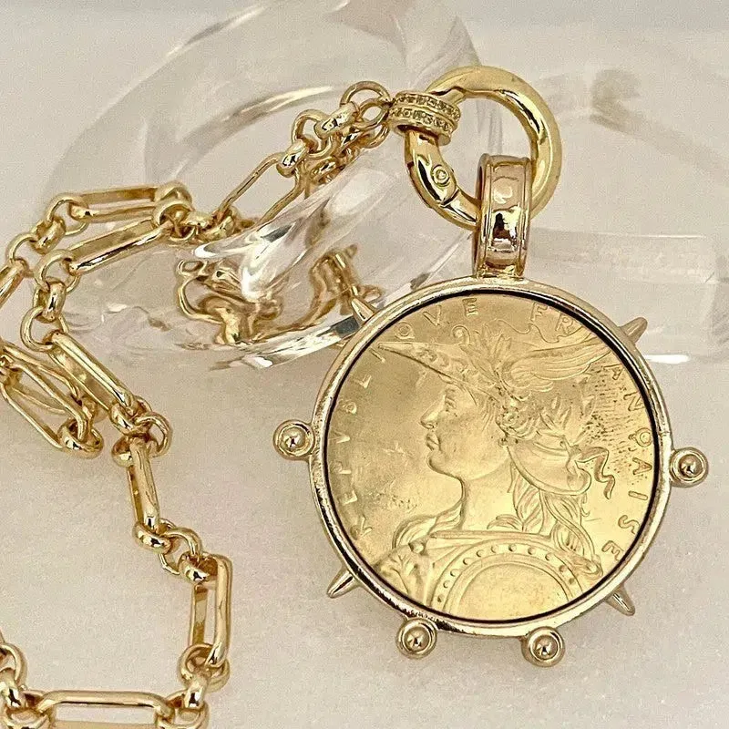 Medallion Coin Necklace-Gold Specialty Chain-French Coin Pendant