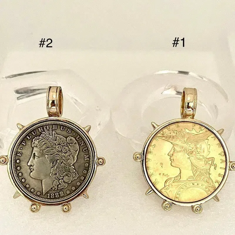 Medallion Coin Necklace-Gold Specialty Chain-French Coin Pendant