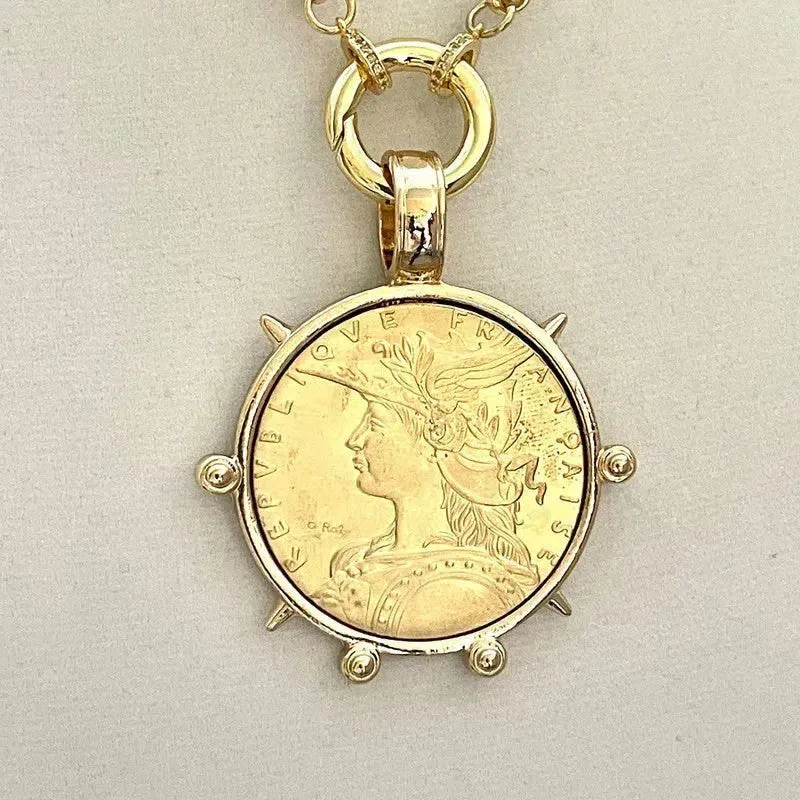 Medallion Coin Necklace-Gold Specialty Chain-French Coin Pendant