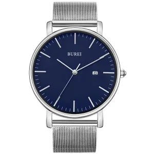 Men's Fashion Minimalist Wrist Watch Analog Blue Date with Silver Stainless Steel Mesh Band