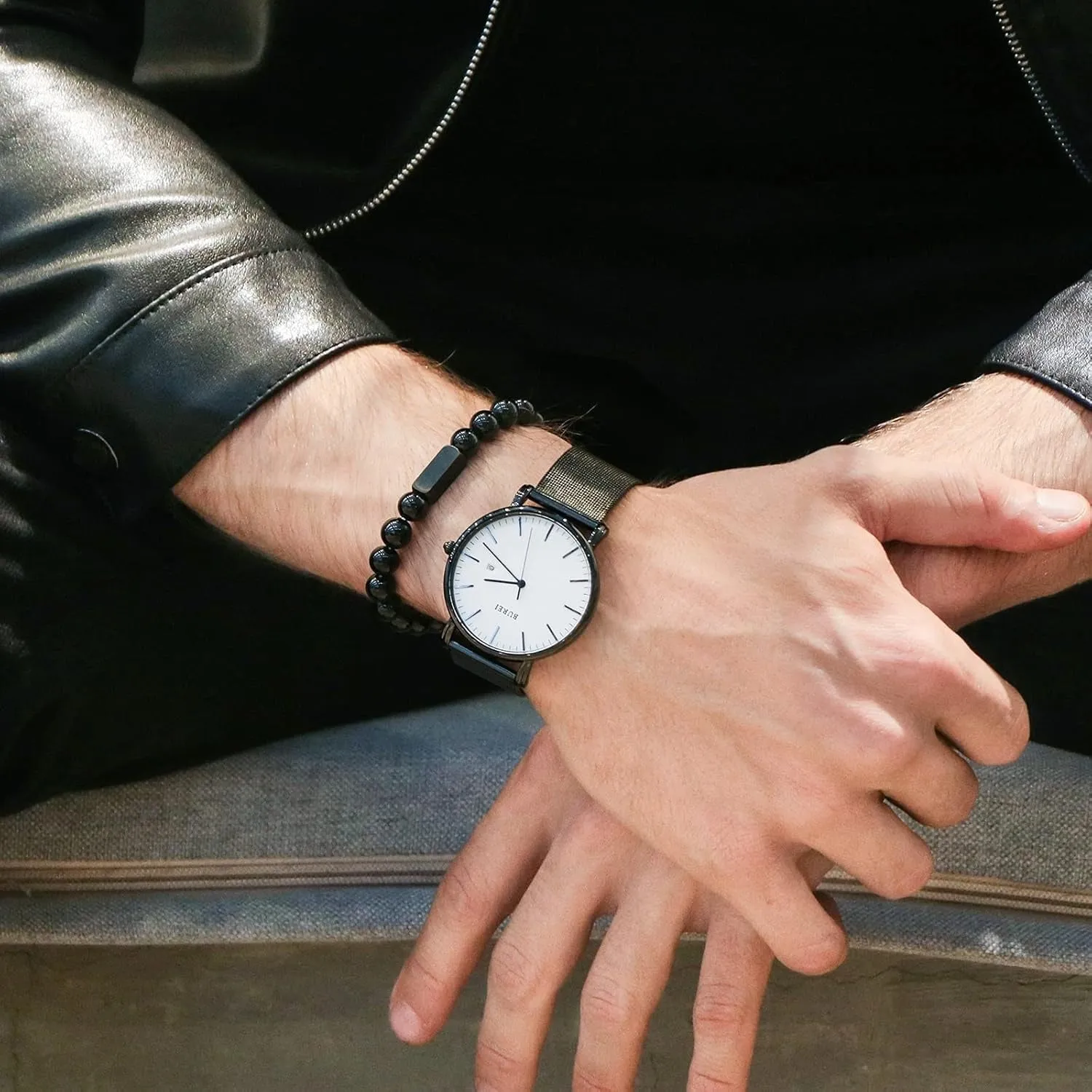 Men's Fashion Minimalist Wrist Watch Analog Blue Date with Silver Stainless Steel Mesh Band