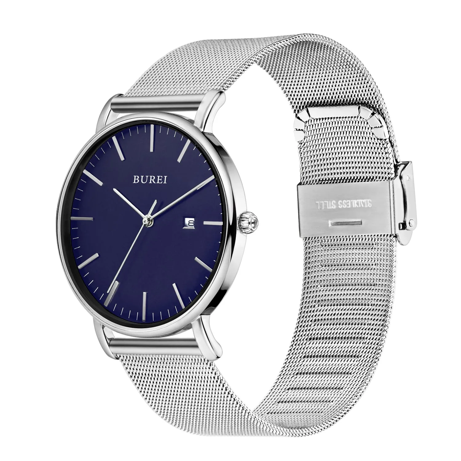 Men's Fashion Minimalist Wrist Watch Analog Blue Date with Silver Stainless Steel Mesh Band