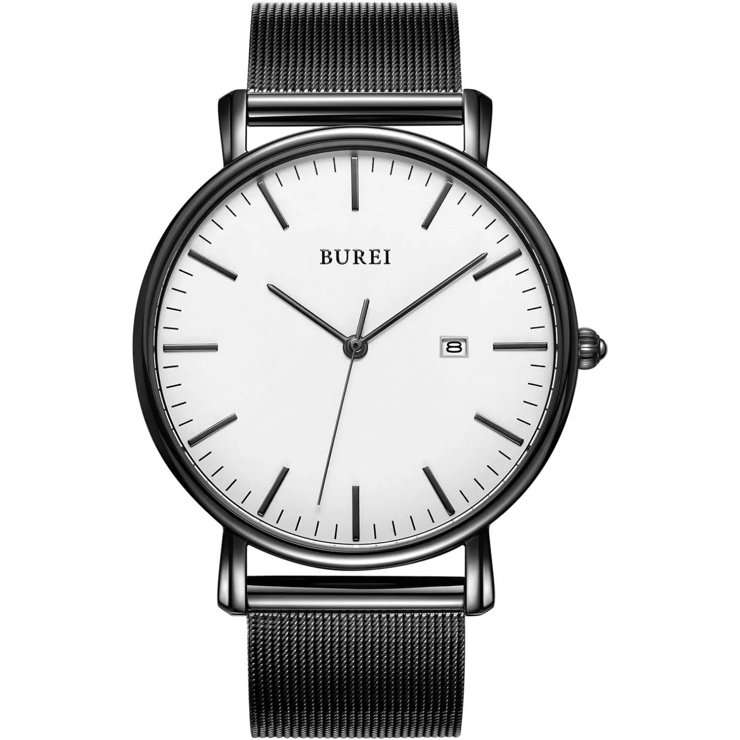 Men's Fashion Minimalist Wrist Watch Analog Blue Date with Silver Stainless Steel Mesh Band