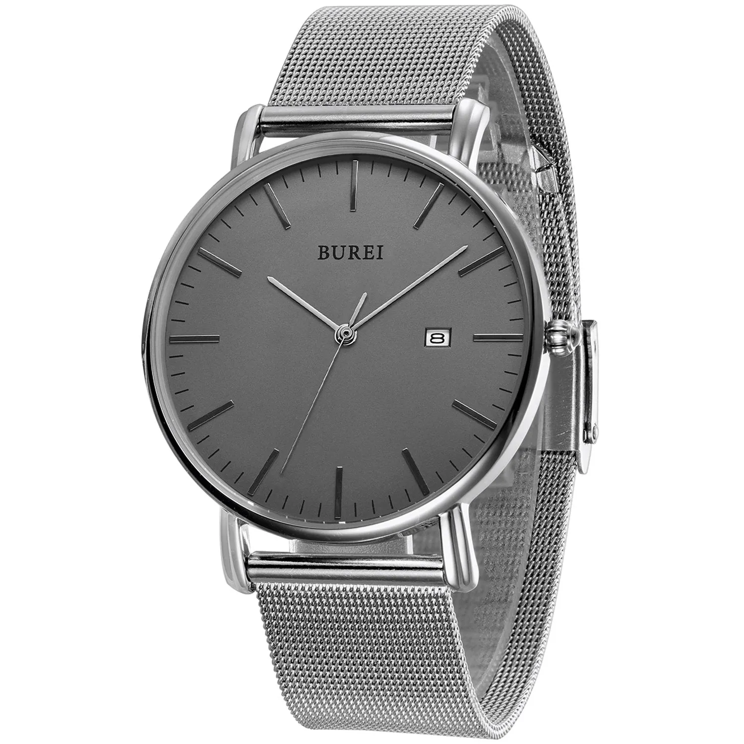 Men's Fashion Minimalist Wrist Watch Analog Blue Date with Silver Stainless Steel Mesh Band