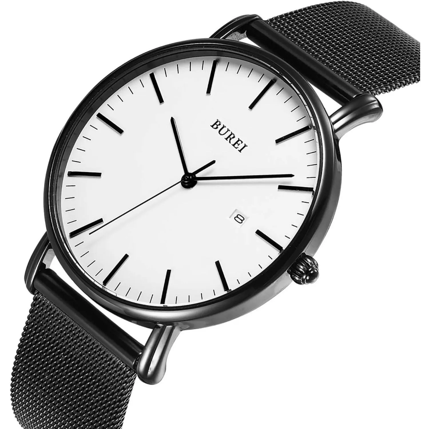 Men's Fashion Minimalist Wrist Watch Analog Blue Date with Silver Stainless Steel Mesh Band