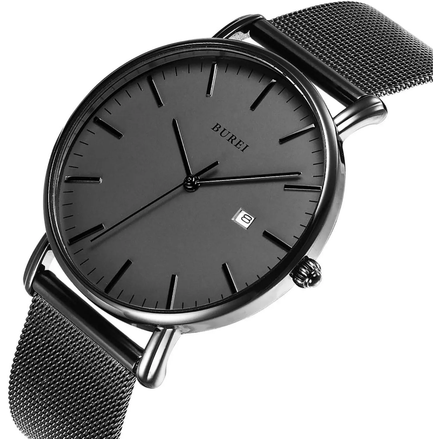 Men's Fashion Minimalist Wrist Watch Analog Blue Date with Silver Stainless Steel Mesh Band