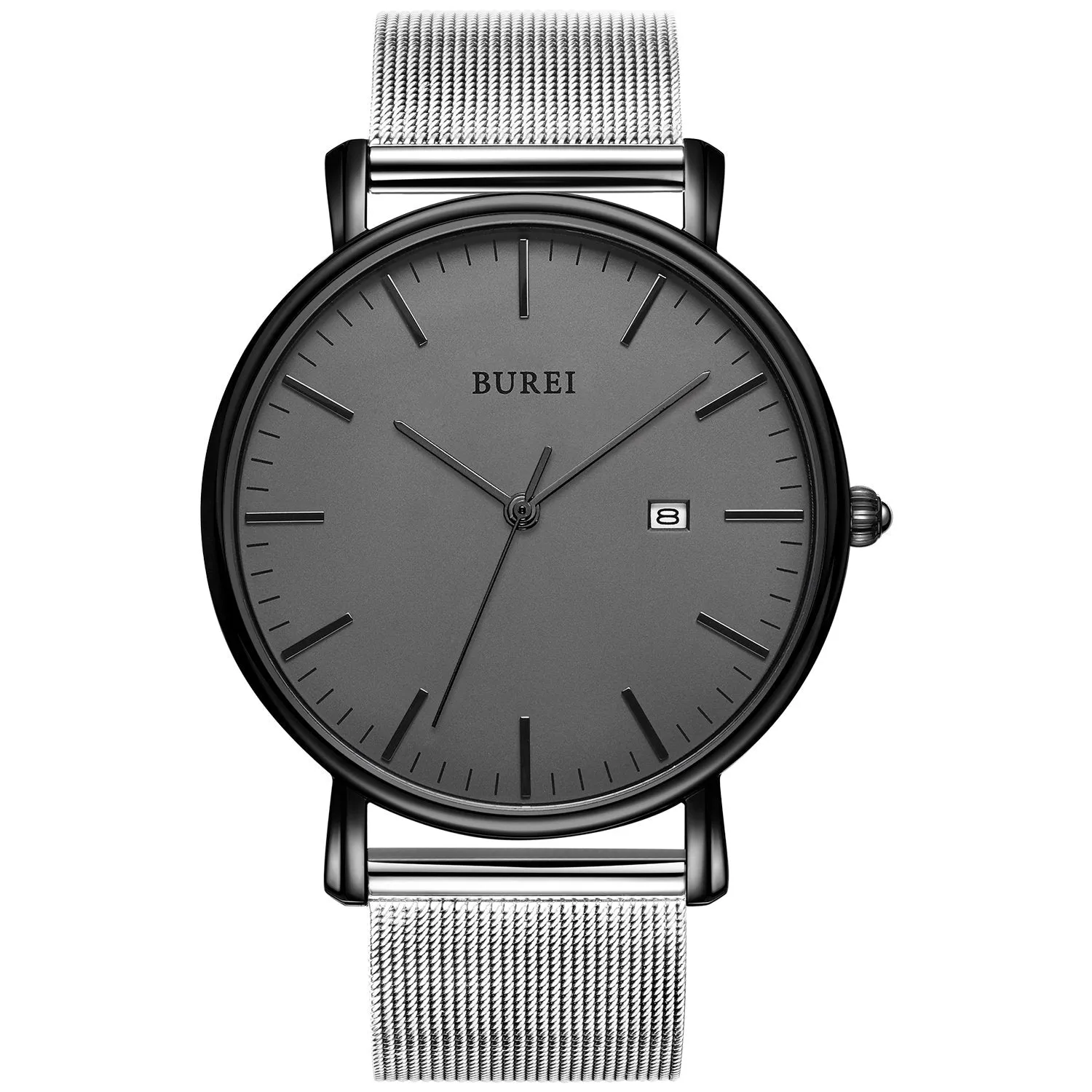 Men's Fashion Minimalist Wrist Watch Analog Blue Date with Silver Stainless Steel Mesh Band