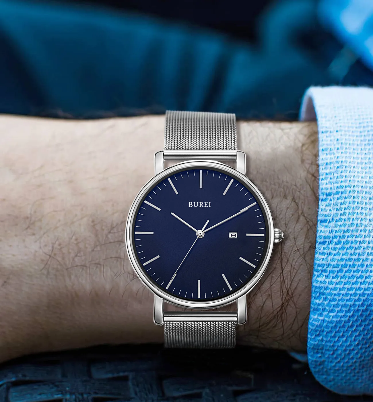 Men's Fashion Minimalist Wrist Watch Analog Blue Date with Silver Stainless Steel Mesh Band