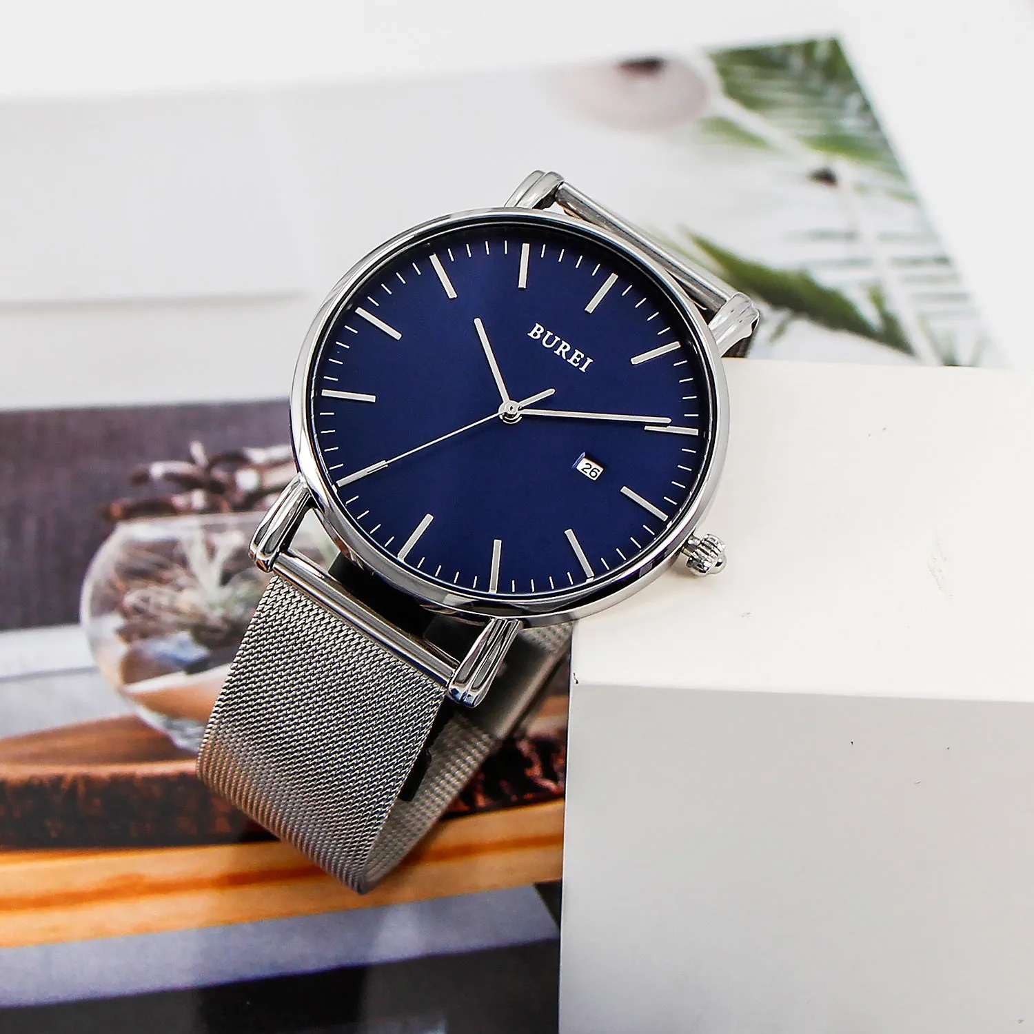 Men's Fashion Minimalist Wrist Watch Analog Blue Date with Silver Stainless Steel Mesh Band