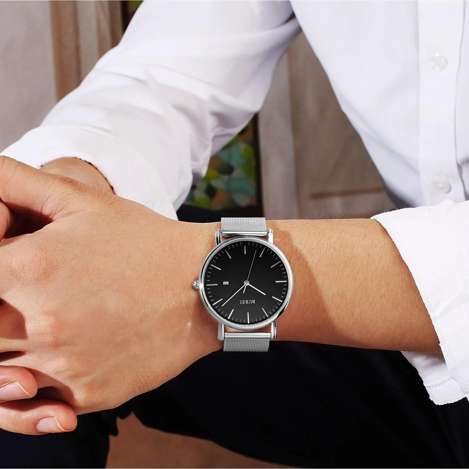 Men's Fashion Minimalist Wrist Watch Analog Blue Date with Silver Stainless Steel Mesh Band