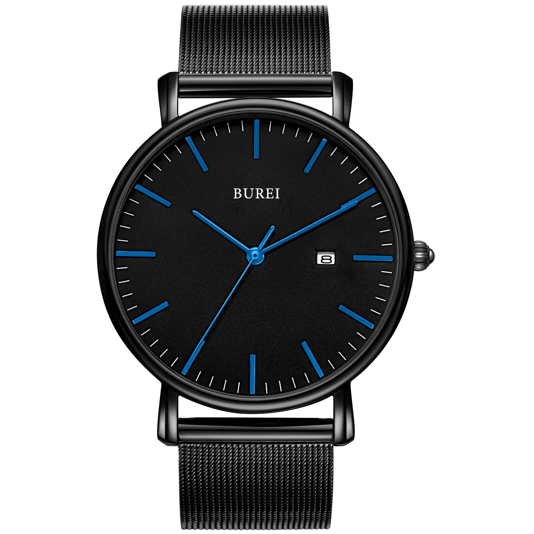 Men's Fashion Minimalist Wrist Watch Analog Blue Date with Silver Stainless Steel Mesh Band