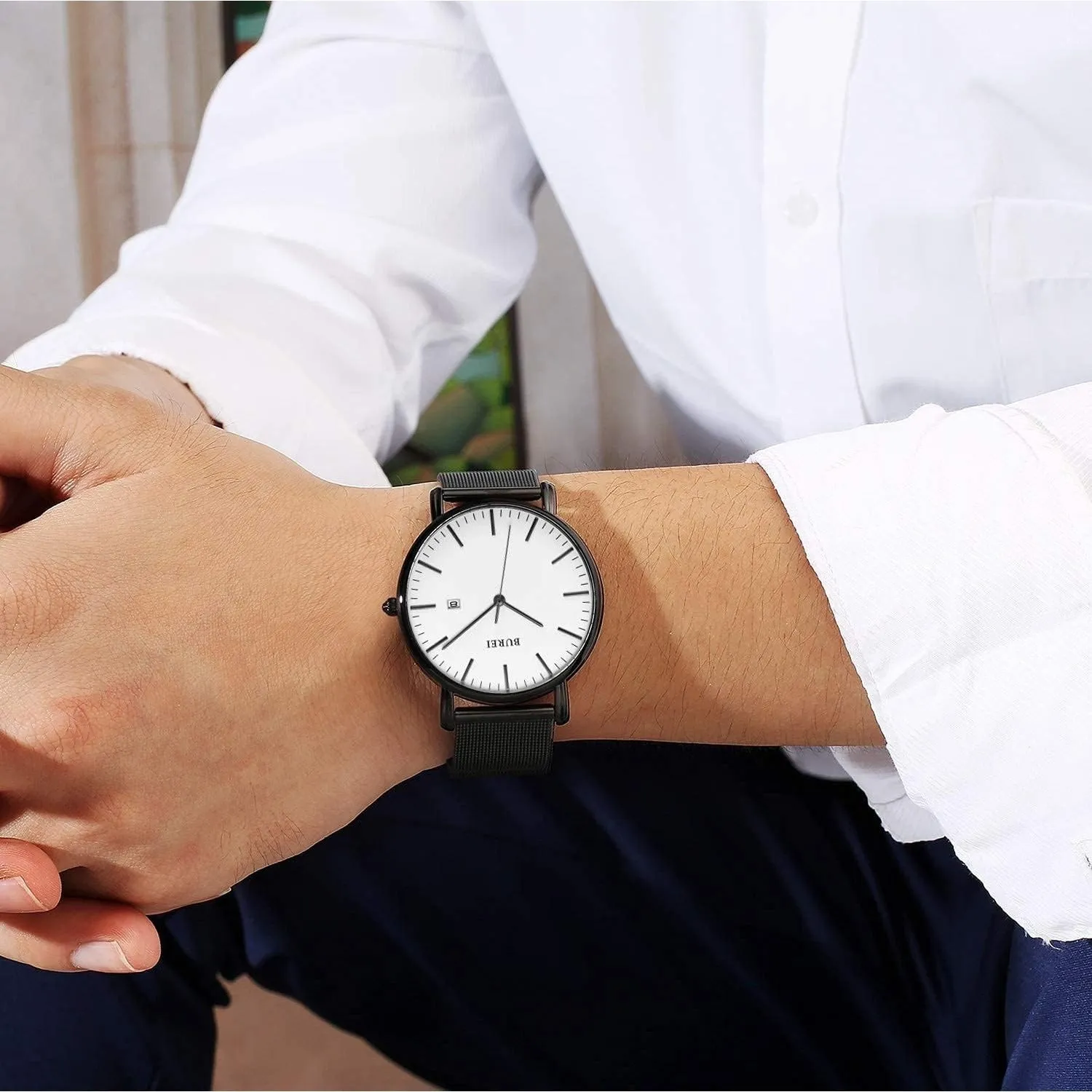 Men's Fashion Minimalist Wrist Watch Analog Blue Date with Silver Stainless Steel Mesh Band