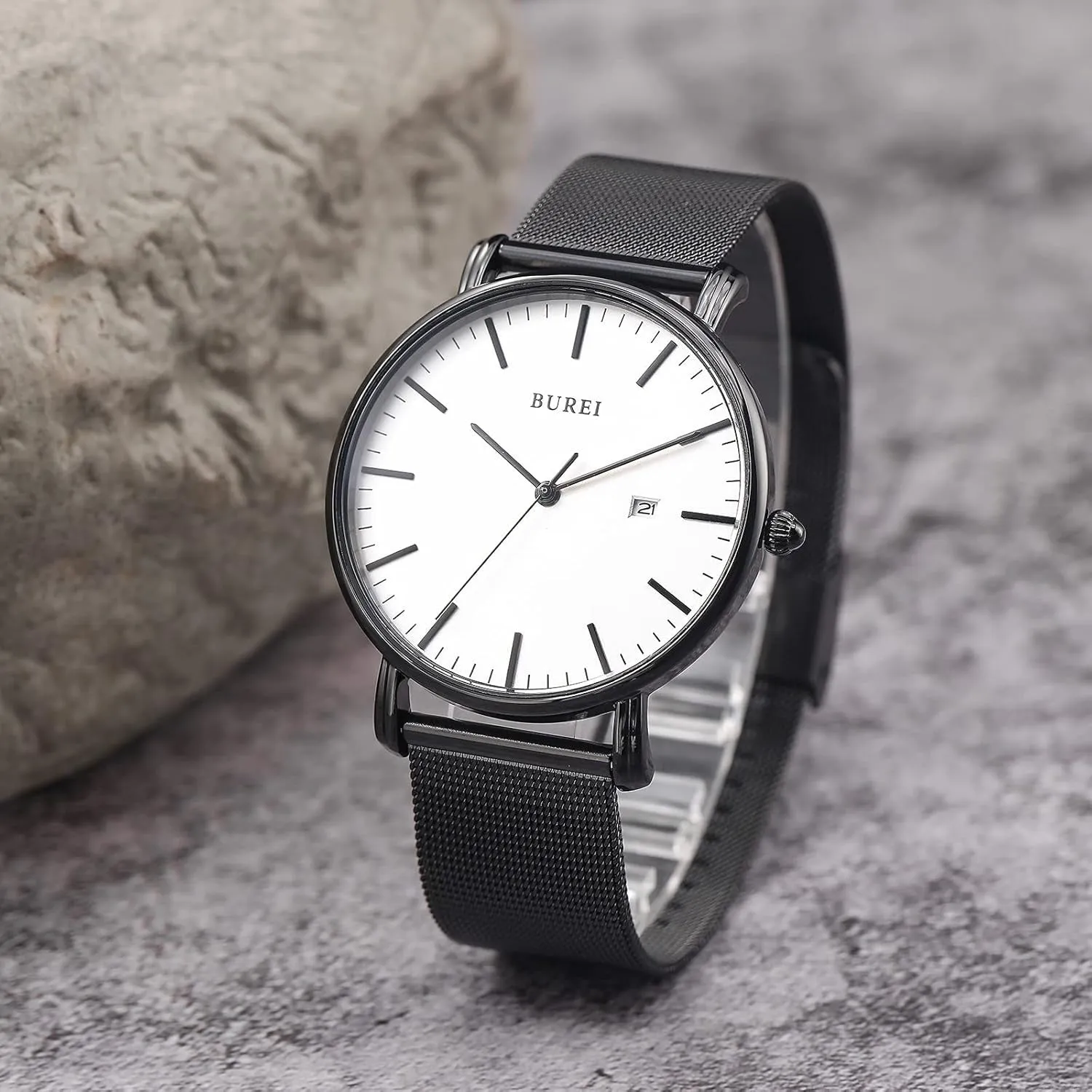 Men's Fashion Minimalist Wrist Watch Analog Blue Date with Silver Stainless Steel Mesh Band