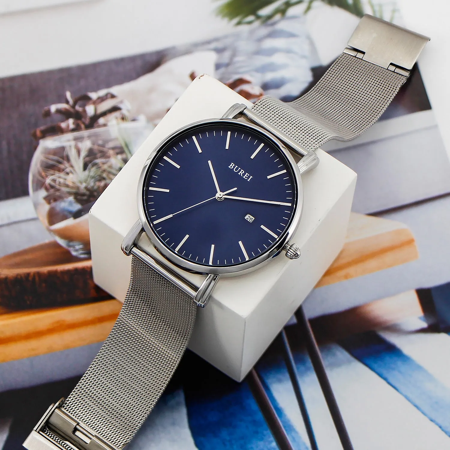 Men's Fashion Minimalist Wrist Watch Analog Blue Date with Silver Stainless Steel Mesh Band