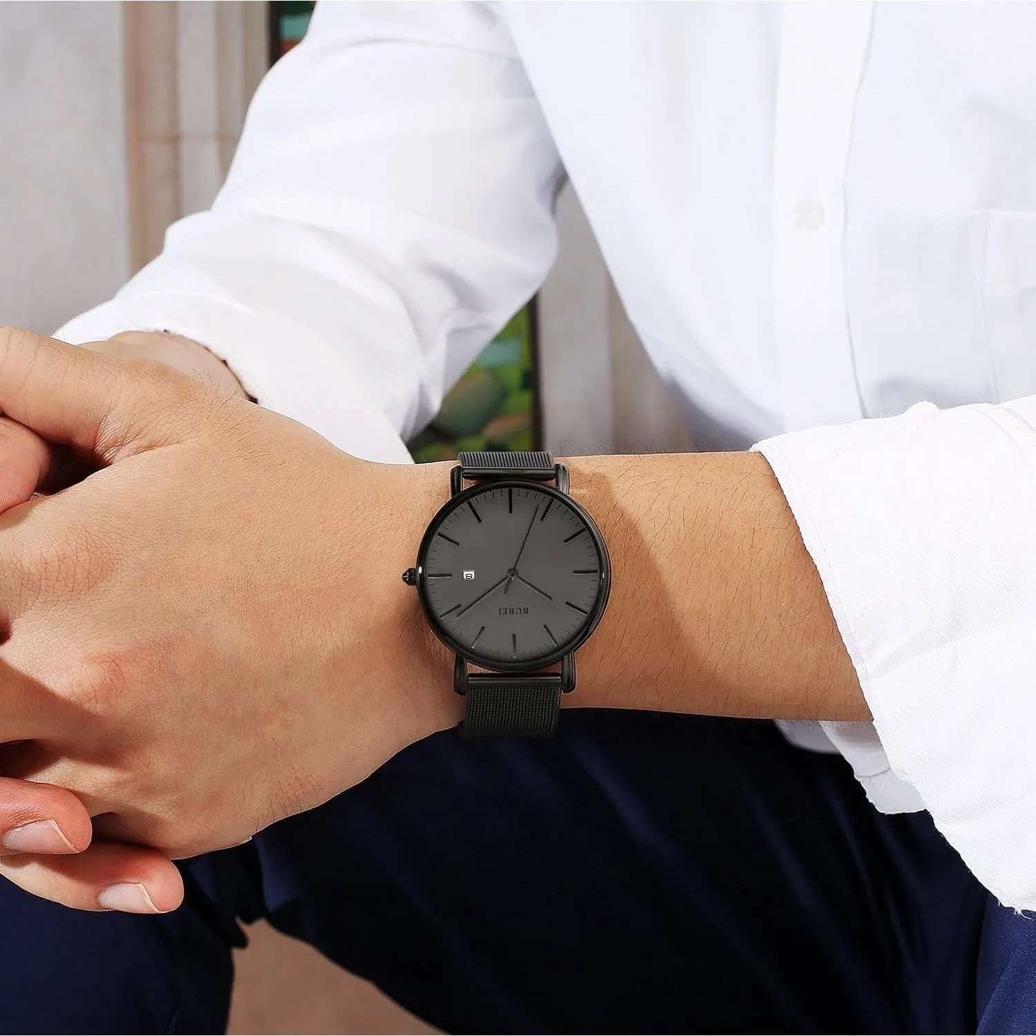 Men's Fashion Minimalist Wrist Watch Analog Blue Date with Silver Stainless Steel Mesh Band