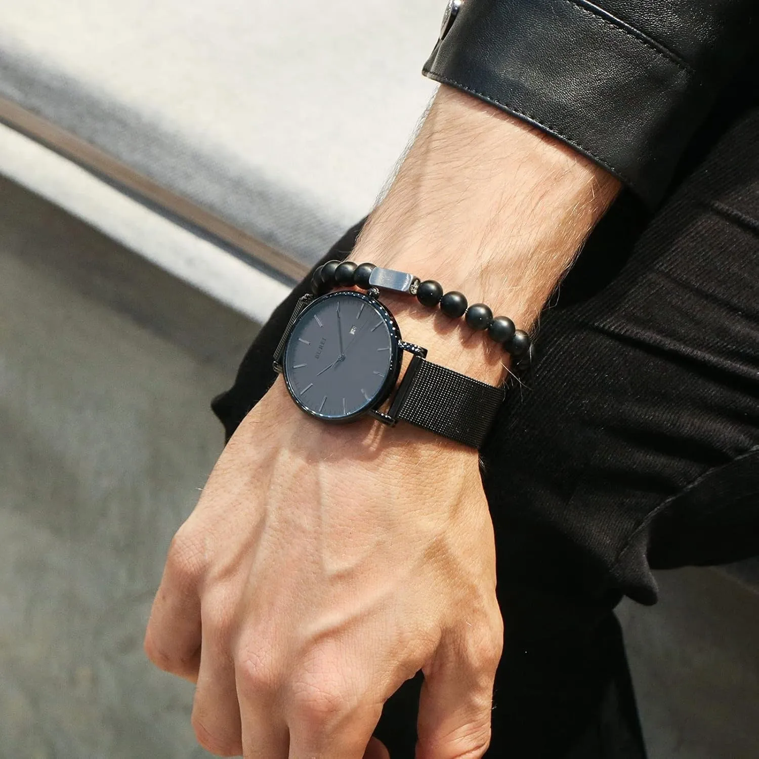 Men's Fashion Minimalist Wrist Watch Analog Blue Date with Silver Stainless Steel Mesh Band