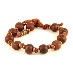 Mens Light Brown and Brass Beaded Bracelet on Black Deerskin Leather