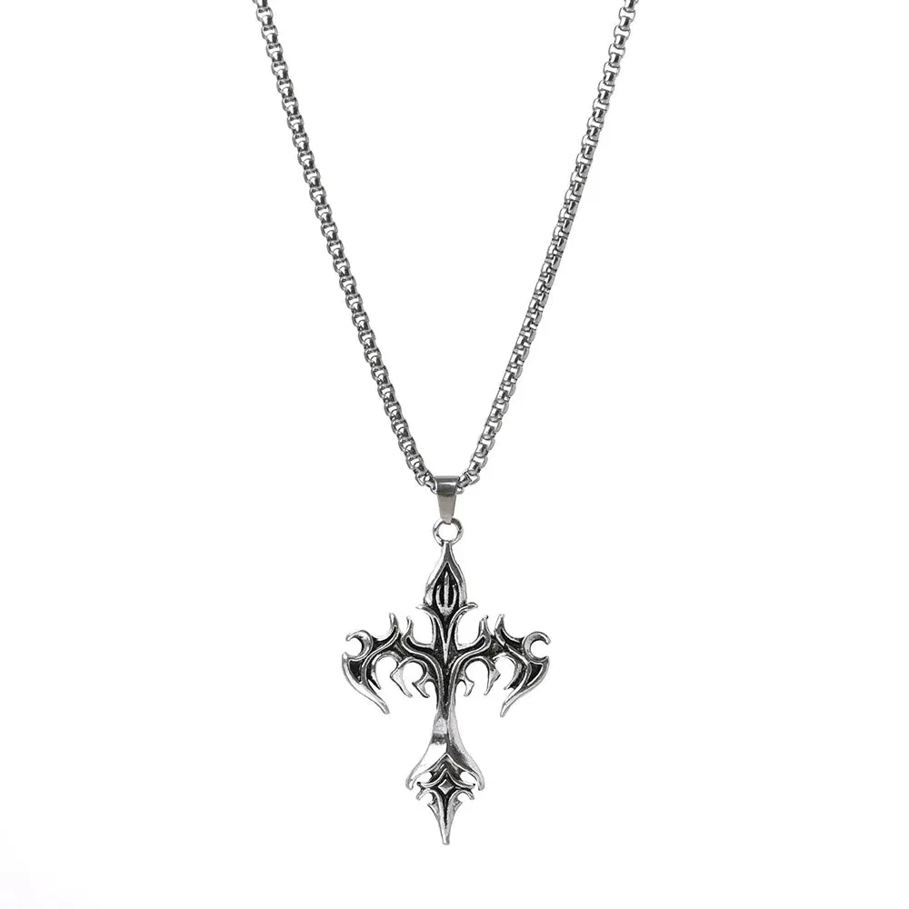 Men's Vintage Flame Cross Pendant Necklace Women Stainless Steel Link Chain Charm Necklaces Cool Punk Hip Hop Jewelry Gift