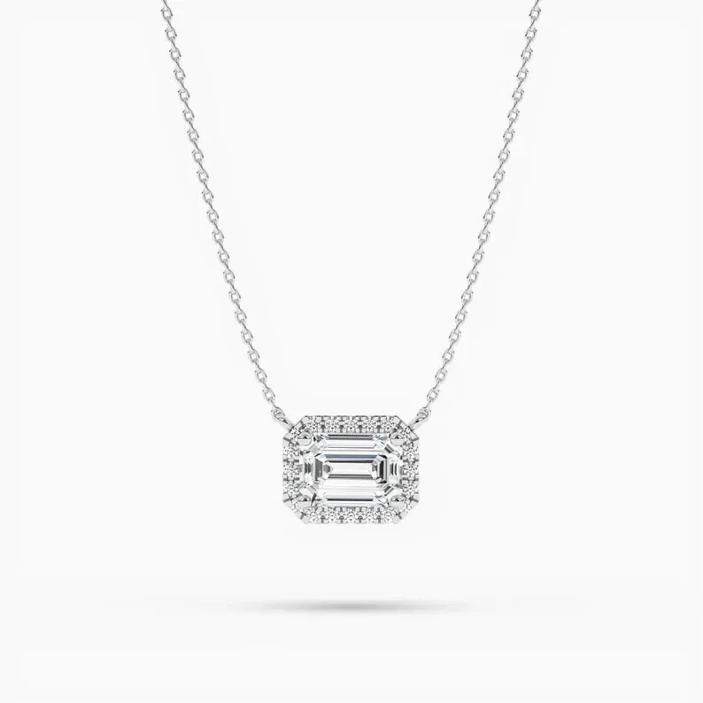 Minimalist Emerald Cut Moissanite Diamond Halo Setting Necklaces