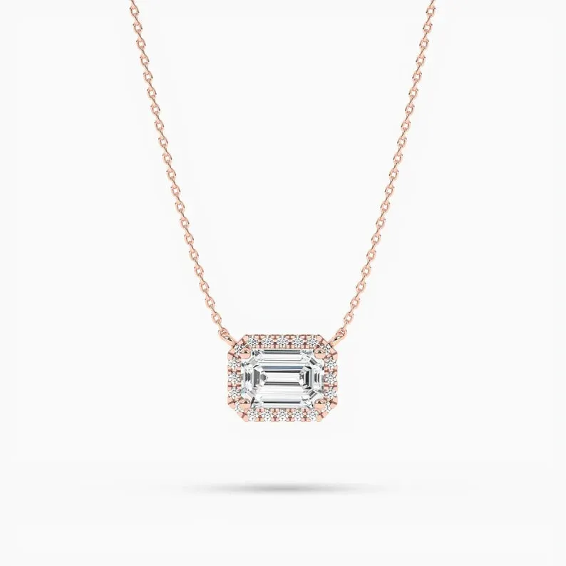 Minimalist Emerald Cut Moissanite Diamond Halo Setting Necklaces