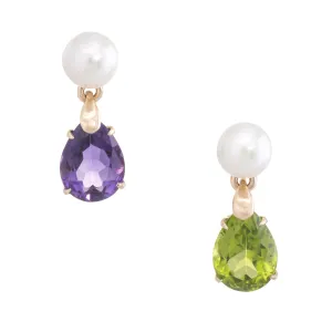 Mismatched Peridot Amethyst Gemstone Earrings Vintage 14k Yellow Gold Pearl Drop