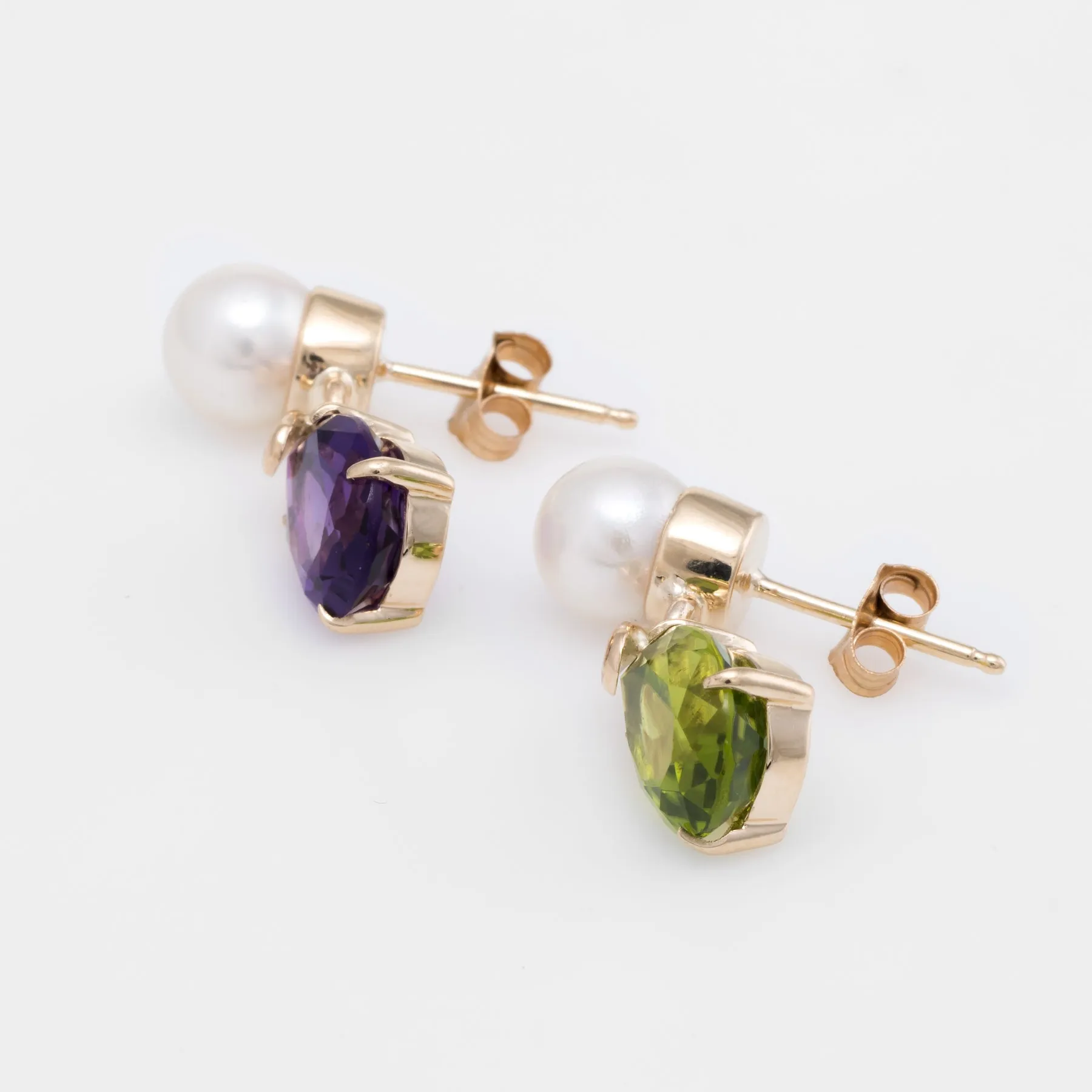 Mismatched Peridot Amethyst Gemstone Earrings Vintage 14k Yellow Gold Pearl Drop