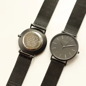 Modern Font Engraving - Men's Minimalist Watch   Pitch Black Mesh