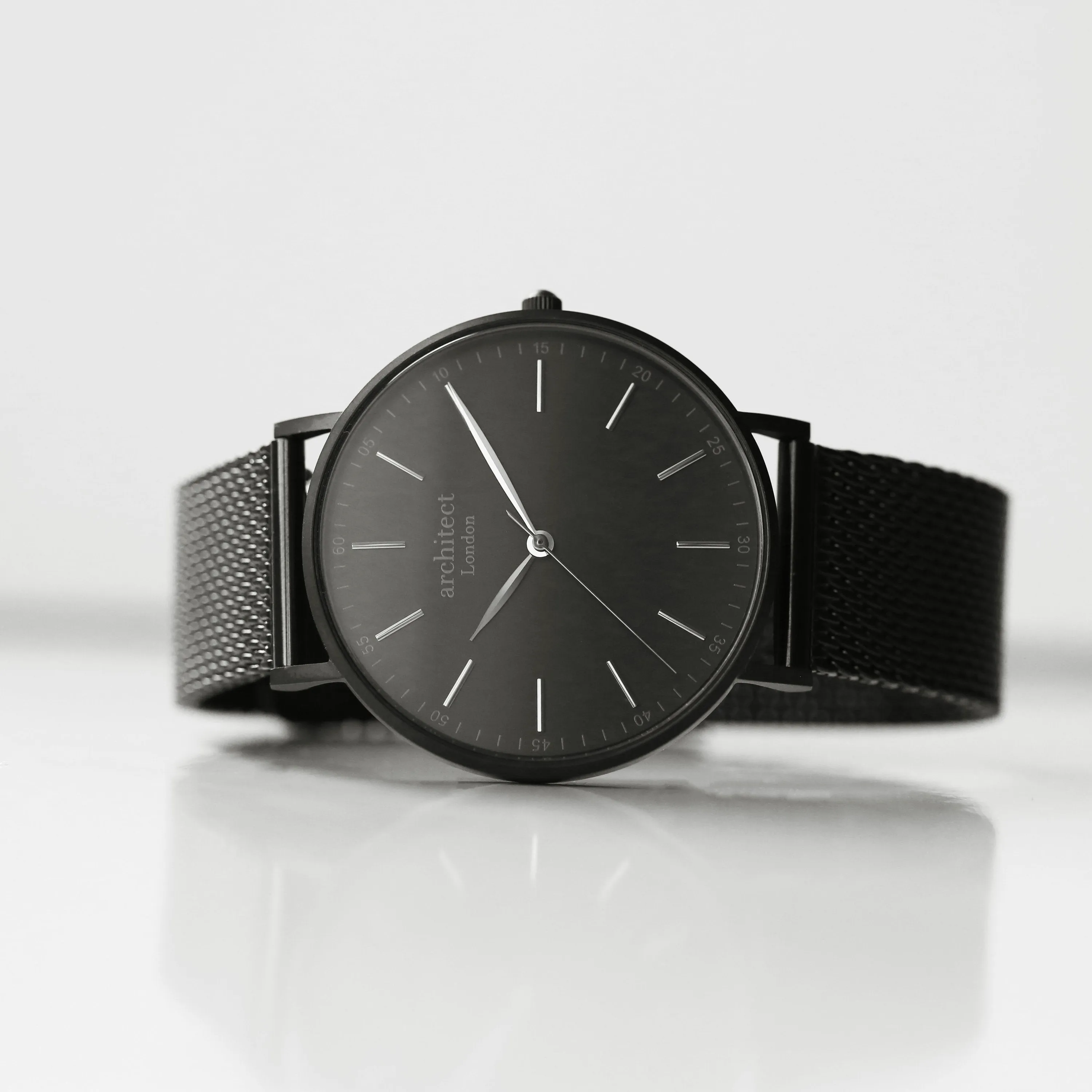 Modern Font Engraving - Men's Minimalist Watch   Pitch Black Mesh