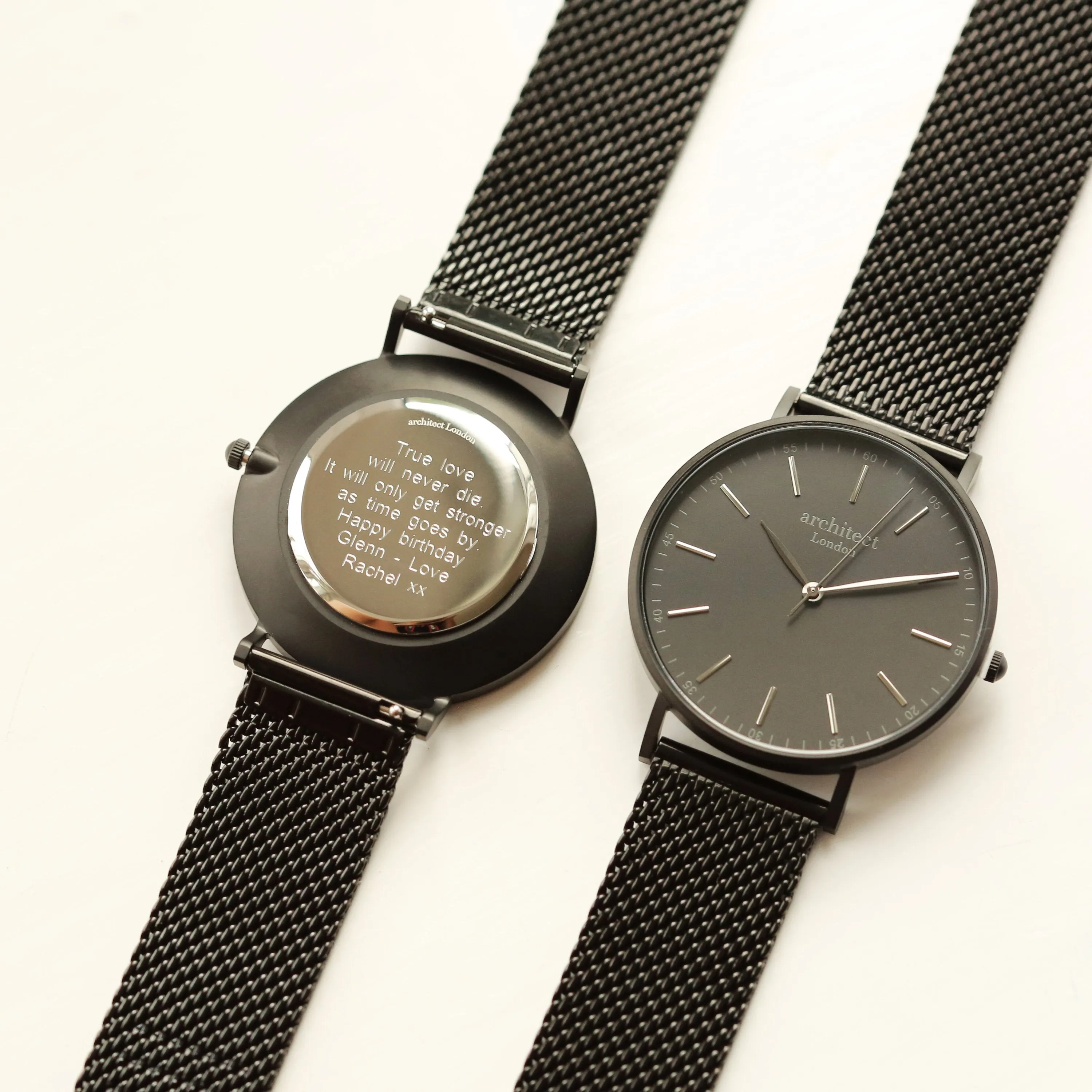 Modern Font Engraving - Men's Minimalist Watch   Pitch Black Mesh