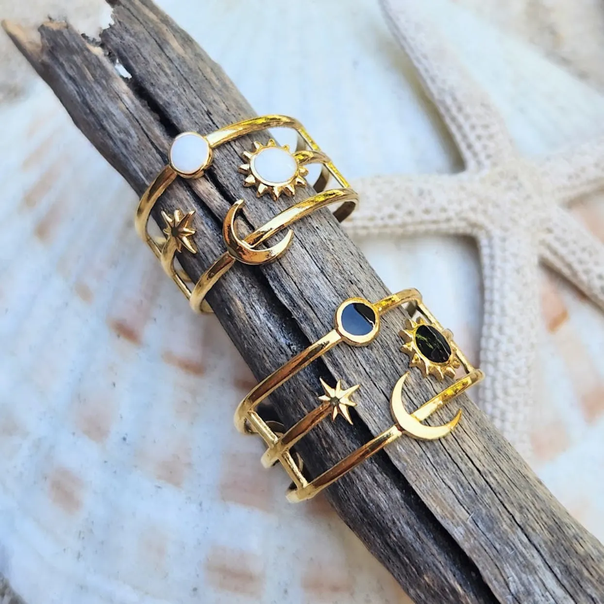 MOON & STARS - LAYERED 18K GOLD - ADJUSTABLE WATERPROOF RINGS