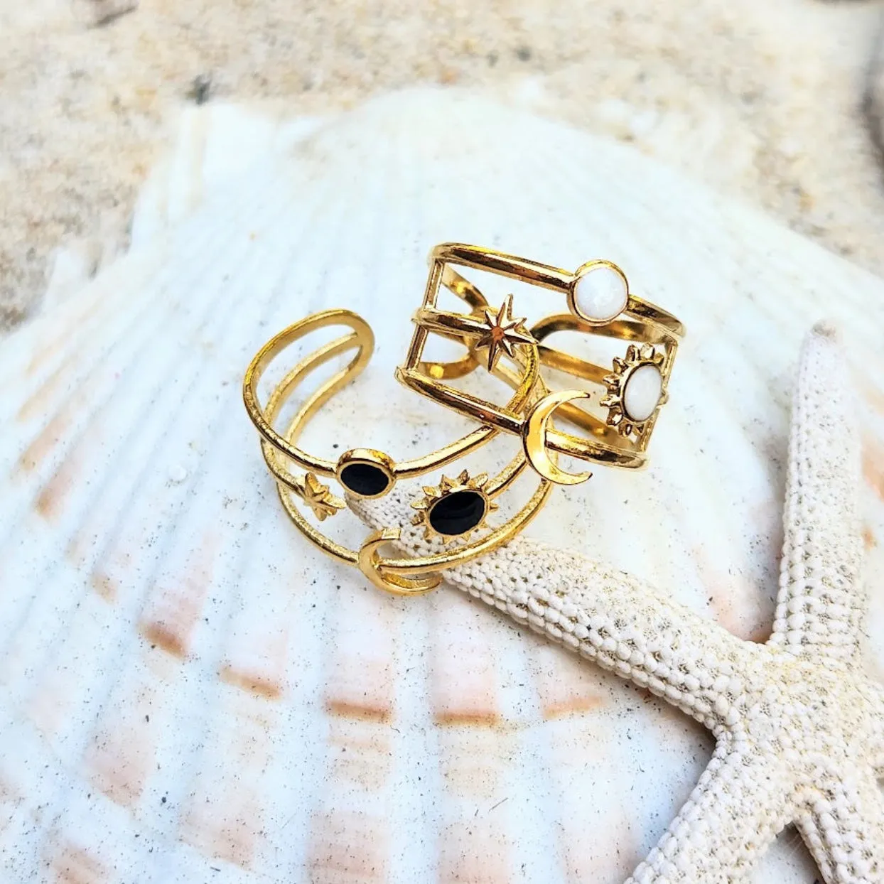 MOON & STARS - LAYERED 18K GOLD - ADJUSTABLE WATERPROOF RINGS