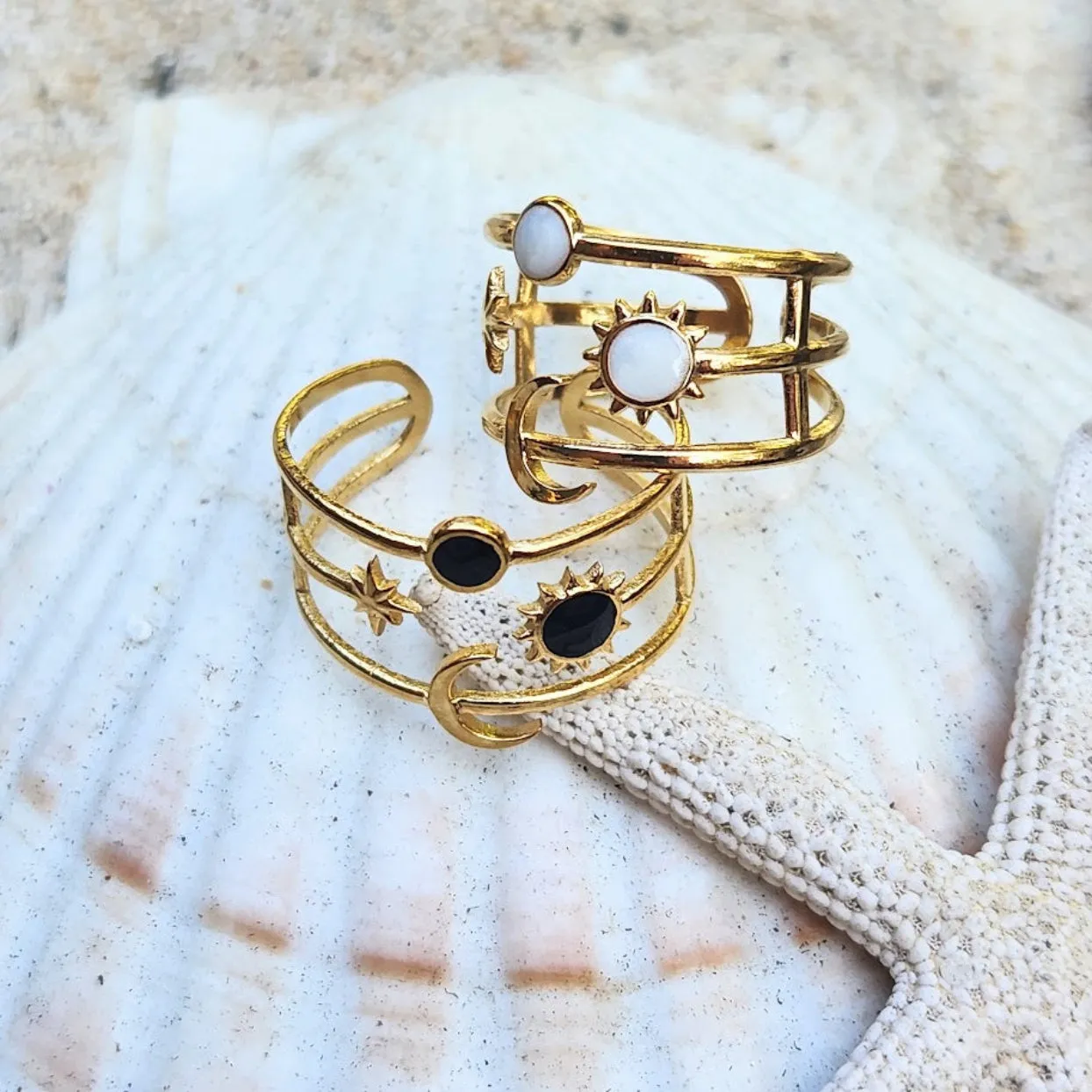 MOON & STARS - LAYERED 18K GOLD - ADJUSTABLE WATERPROOF RINGS