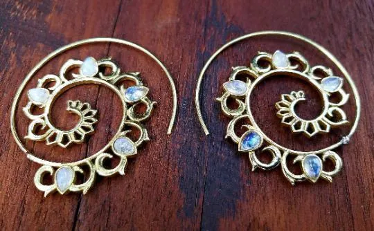 Moonstone Mandala Spiral Hoop Threader Earrings