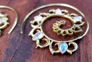 Moonstone Mandala Spiral Hoop Threader Earrings