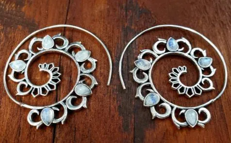 Moonstone Mandala Spiral Hoop Threader Earrings