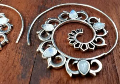Moonstone Mandala Spiral Hoop Threader Earrings