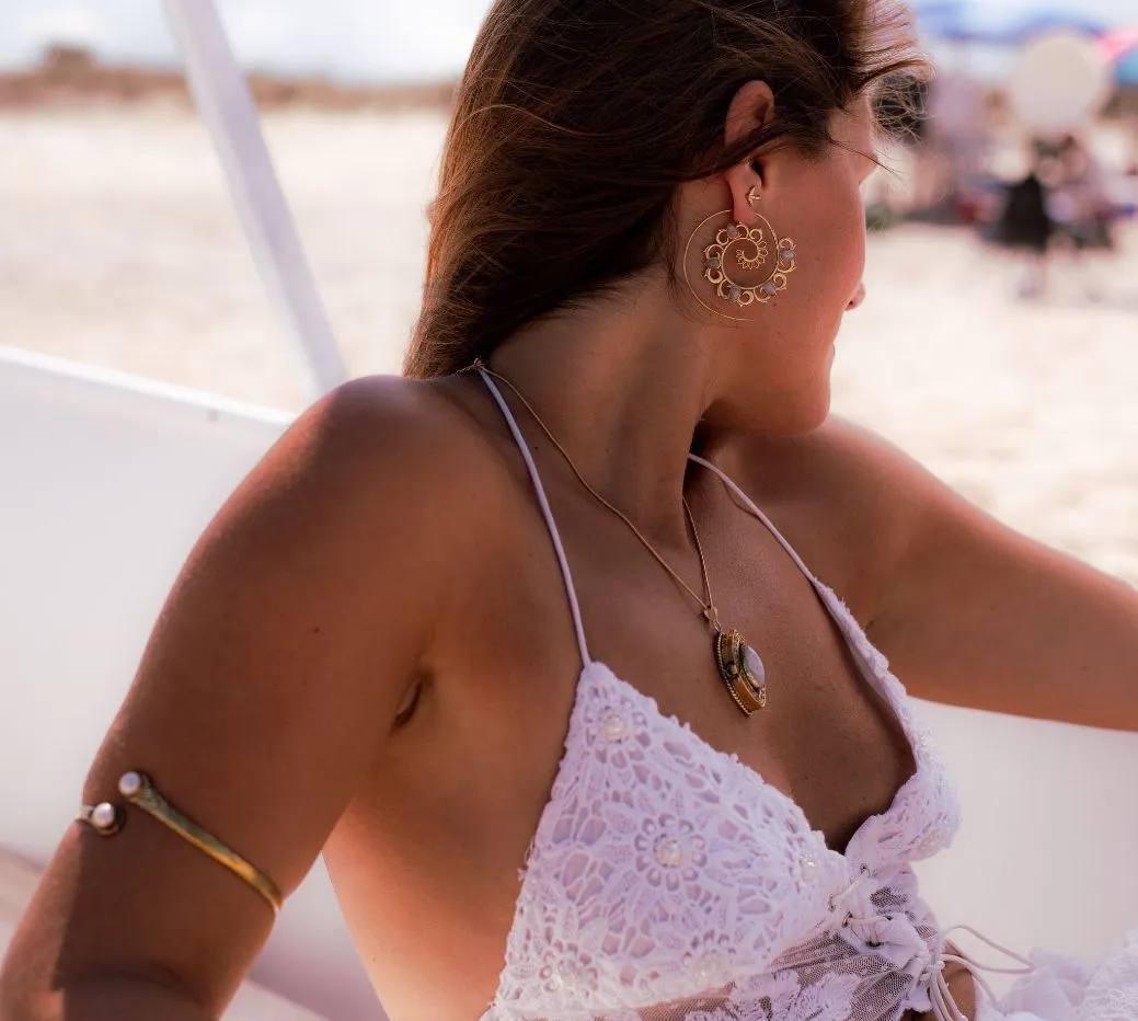 Moonstone Mandala Spiral Hoop Threader Earrings