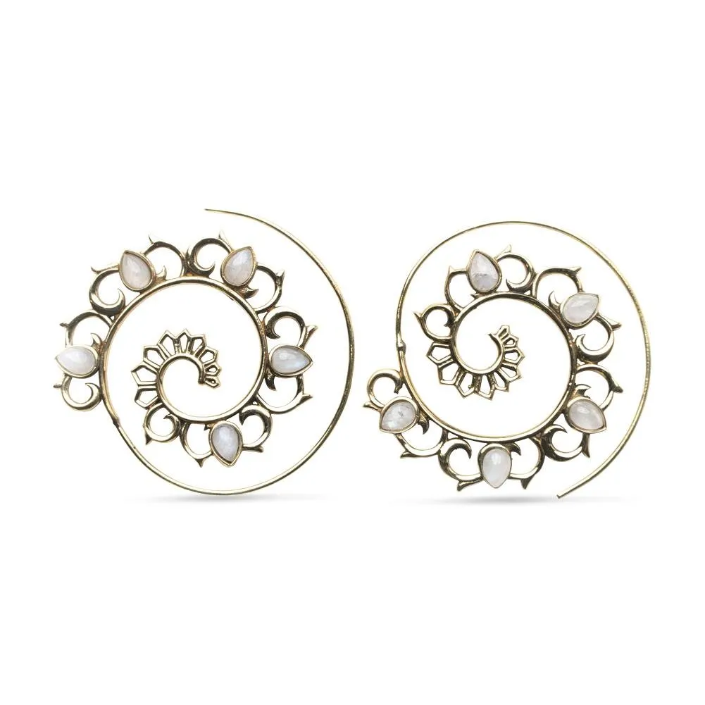 Moonstone Mandala Spiral Hoop Threader Earrings