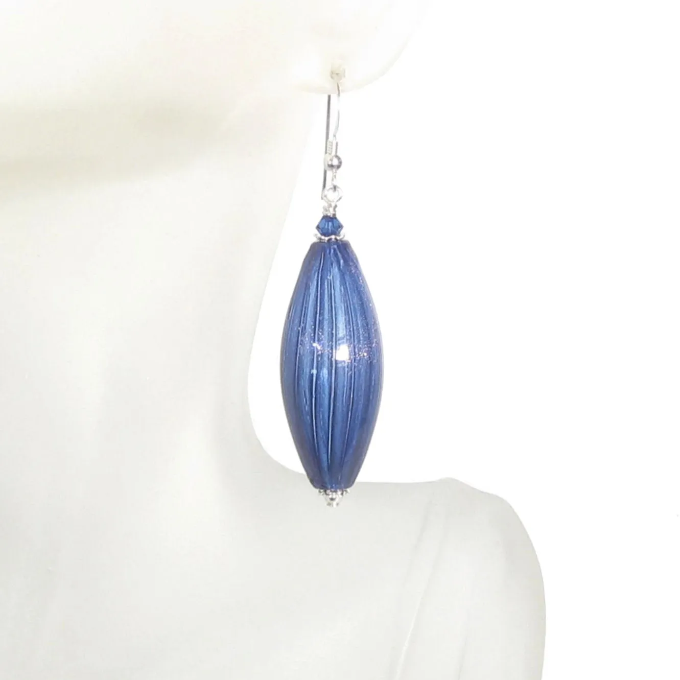 Murano Glass Dark Blue Long Oval Sterling Silver Earrings