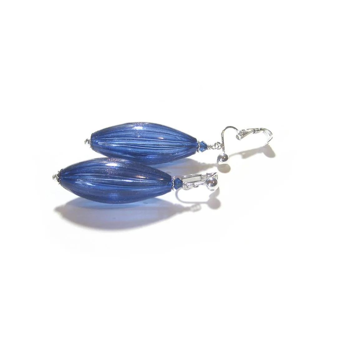Murano Glass Dark Blue Long Oval Sterling Silver Earrings