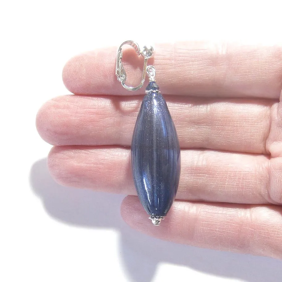 Murano Glass Dark Blue Long Oval Sterling Silver Earrings